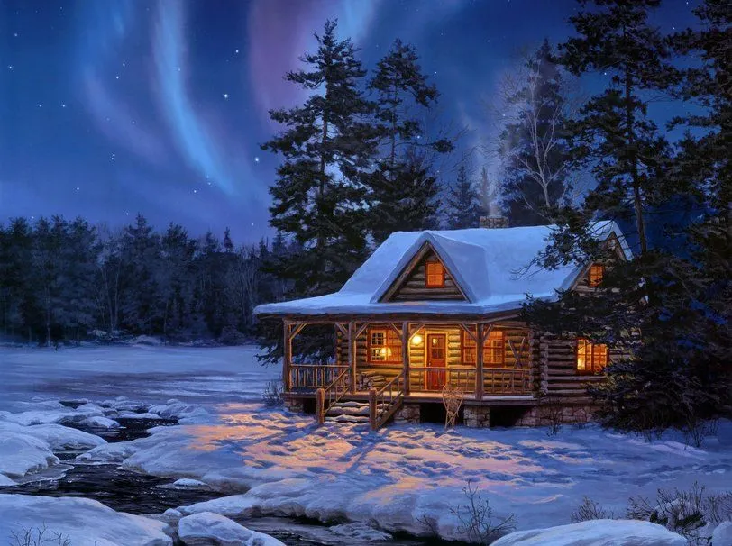 A warm cabin on a icy lake