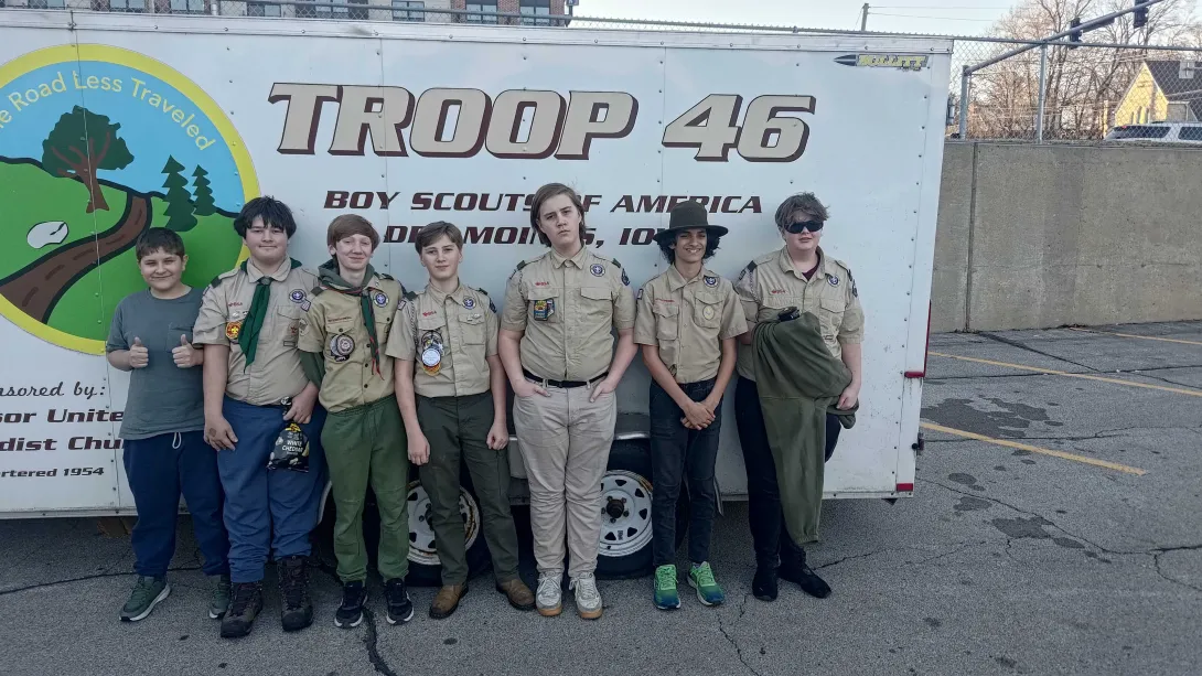 Scouts posing by the trailer